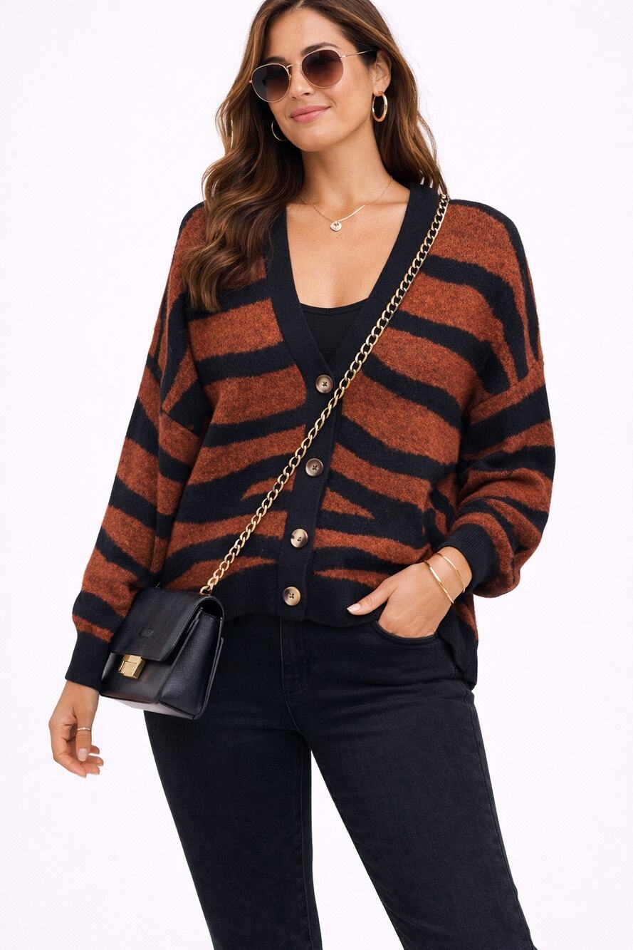 BROADWAY 38 NWT Tiger Stripe Cardigan Brown Black V Neck Button Sweater Large